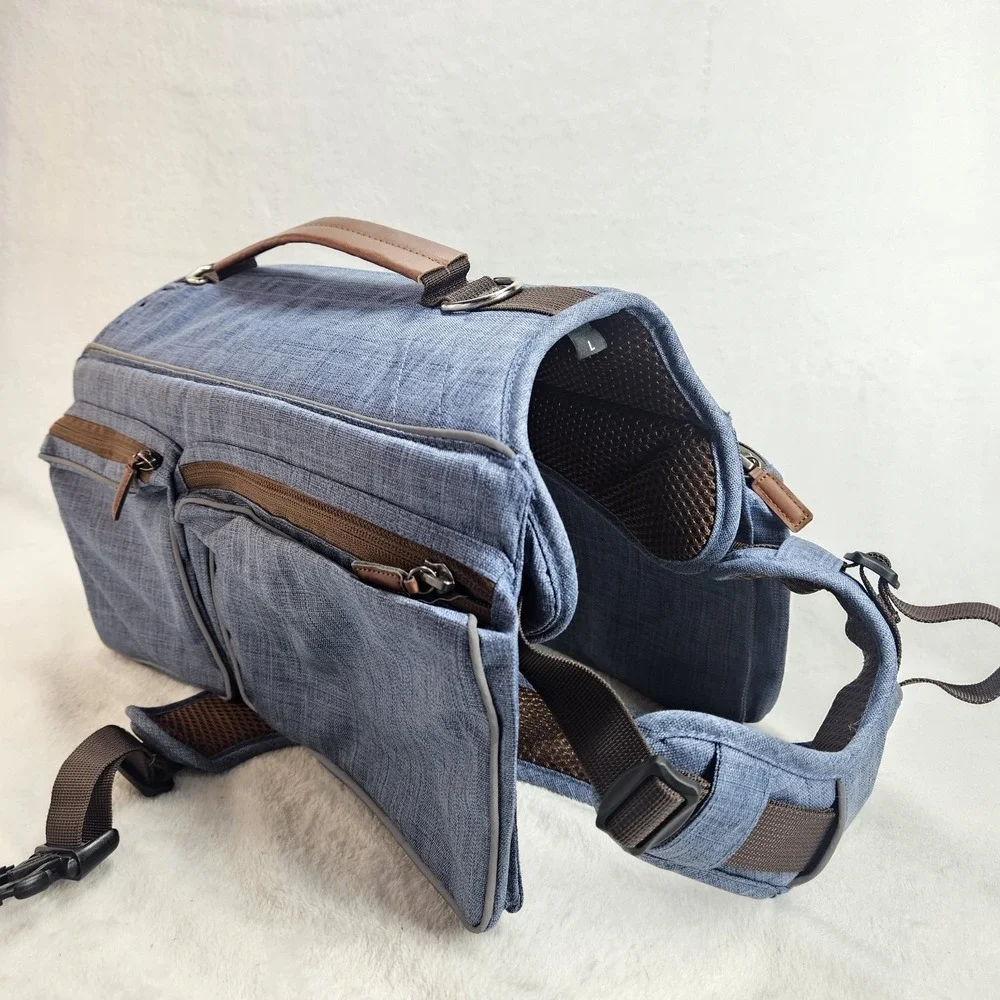 Large Dog Harness Backpack with Storage Pockets | Adjustable | Blue & Brown NEW